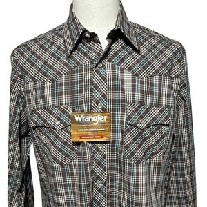 Wrangler Wrancher Shirts Men Large Brown Blue Plaid Pearl Snap Long Sleeve NEW